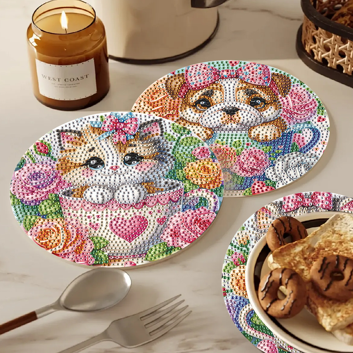 Art Craft Animals - 3Pcs Diamond Art Painting Placemat kits,Teacup